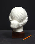 Photo of a sculpture of a female head on a gray background 