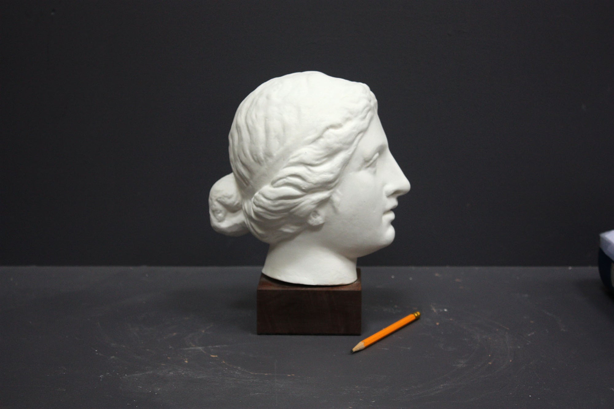 Photo of a sculpture of a female head on a gray background 