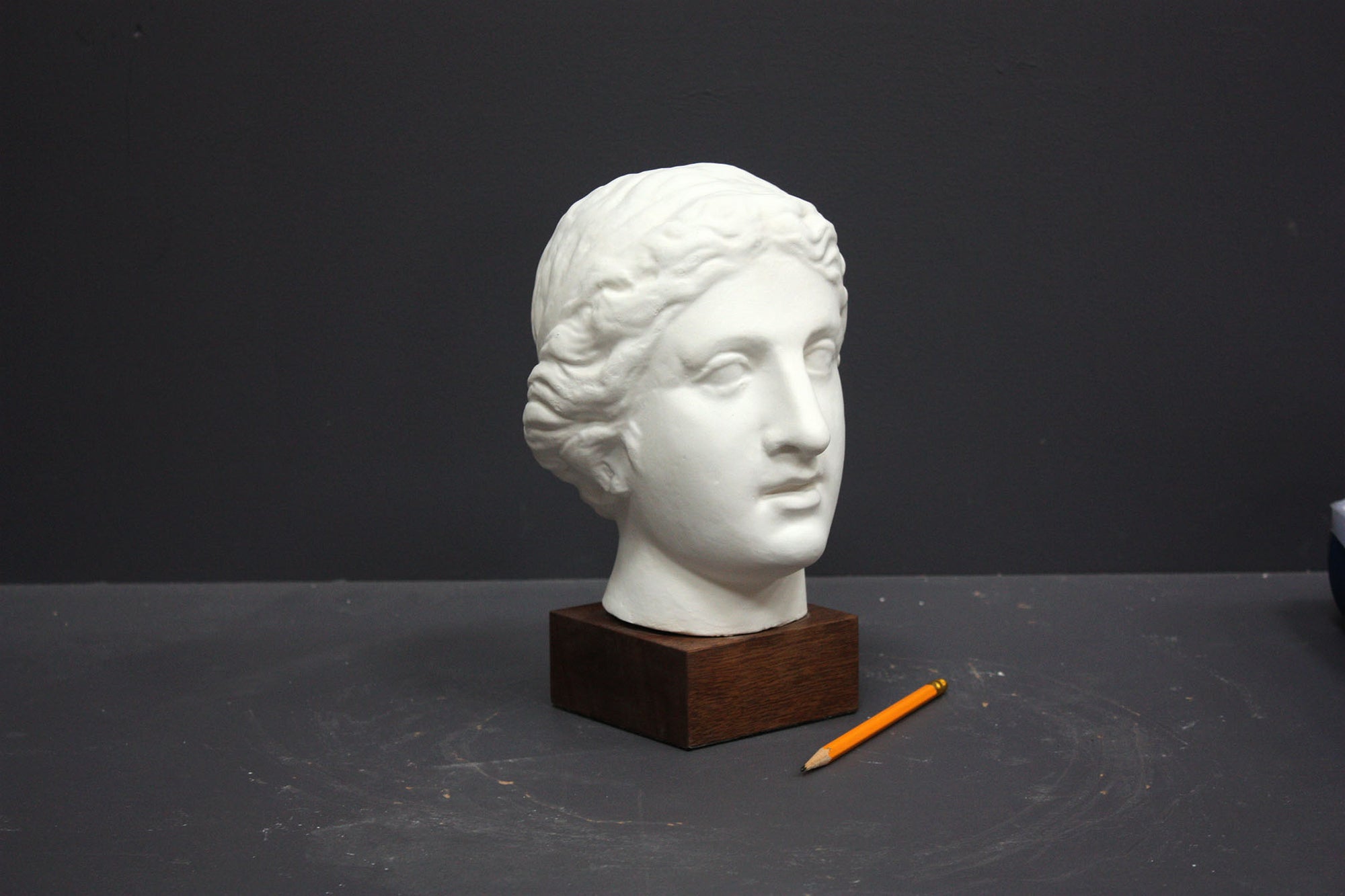 Photo of a sculpture of a female head on a gray background 