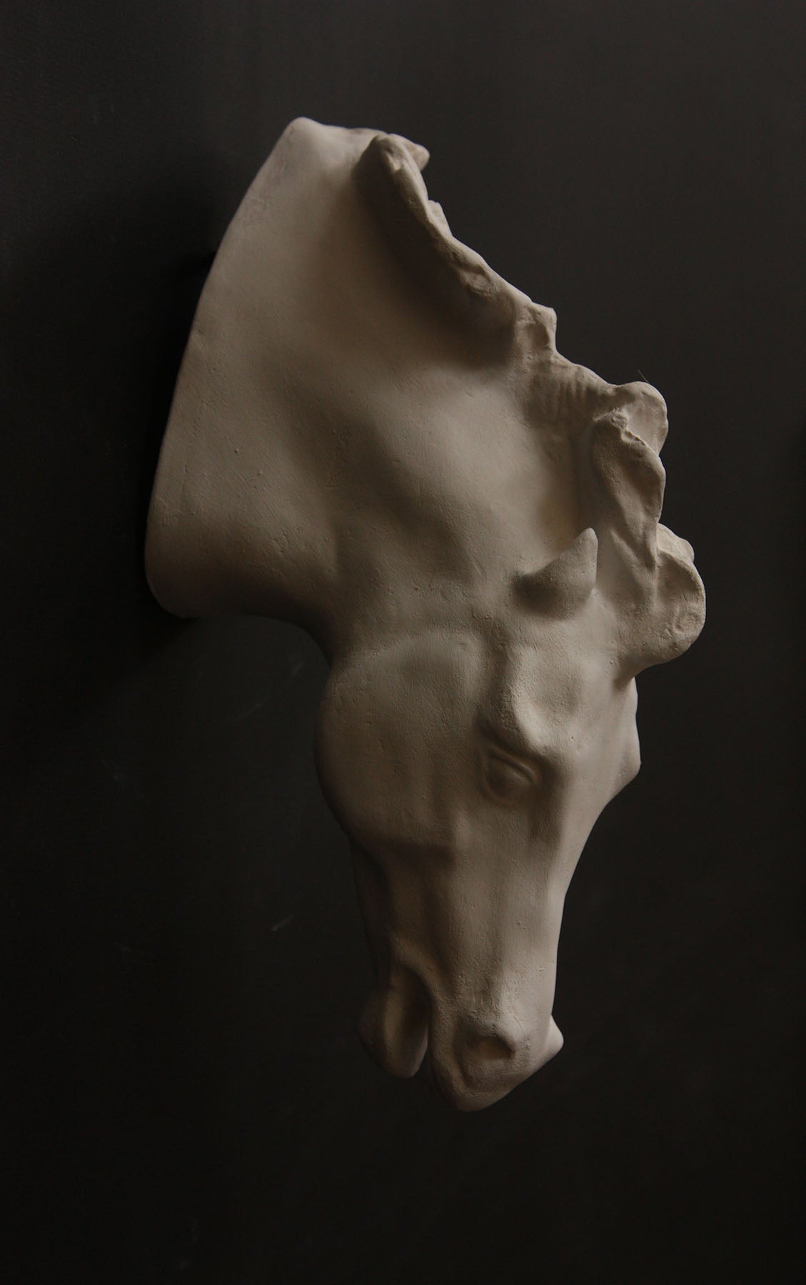 image of a plaster statue of a horse head on a gray background