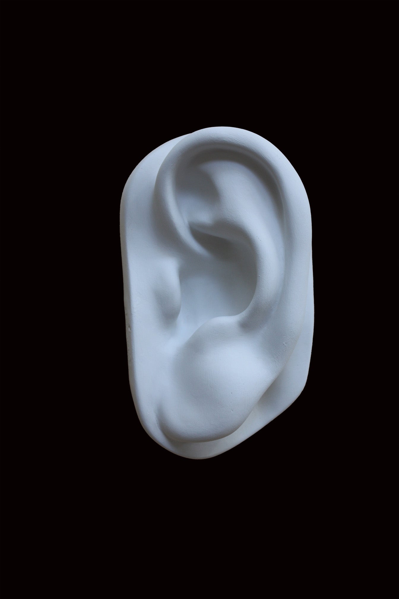 photo of cast sculpture drawing of left ear from Michelangelo's David statue against a black background
