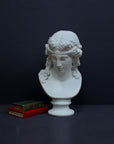 photo of plaster cast of sculpture bust of Ariadne or Bacchus with long, curly hair and head band next to books on a gray background