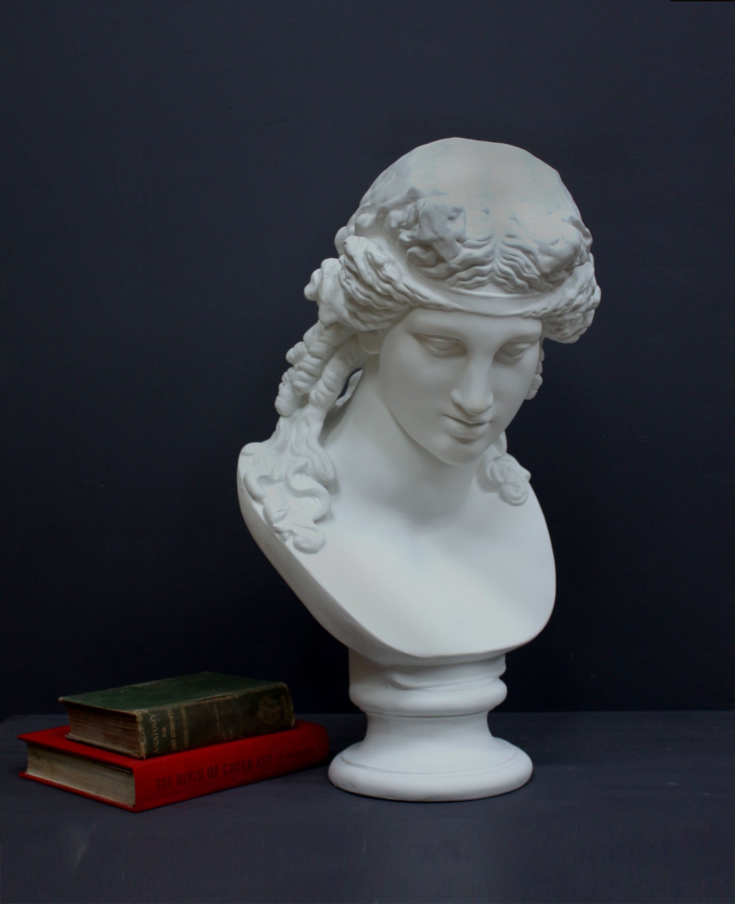 image of a plaster statue of a bust of ariadne next to books on a gray background