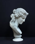 photo of plaster cast of sculpture bust of Ariadne or Bacchus with long, curly hair and head band on a gray background