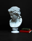 photo of plaster cast of sculpture bust of Ariadne or Bacchus with long, curly hair and head band next to books on a gray background