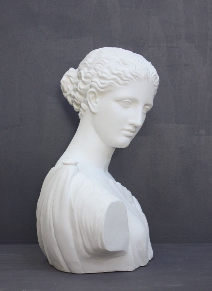 photo of plaster cast of ancient female bust, namely the goddess Diana, with a grey background