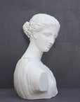 photo of plaster cast of ancient female bust, namely the goddess Diana, with a grey background