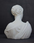 photo of plaster cast of ancient female bust, namely the goddess Diana, with a grey background