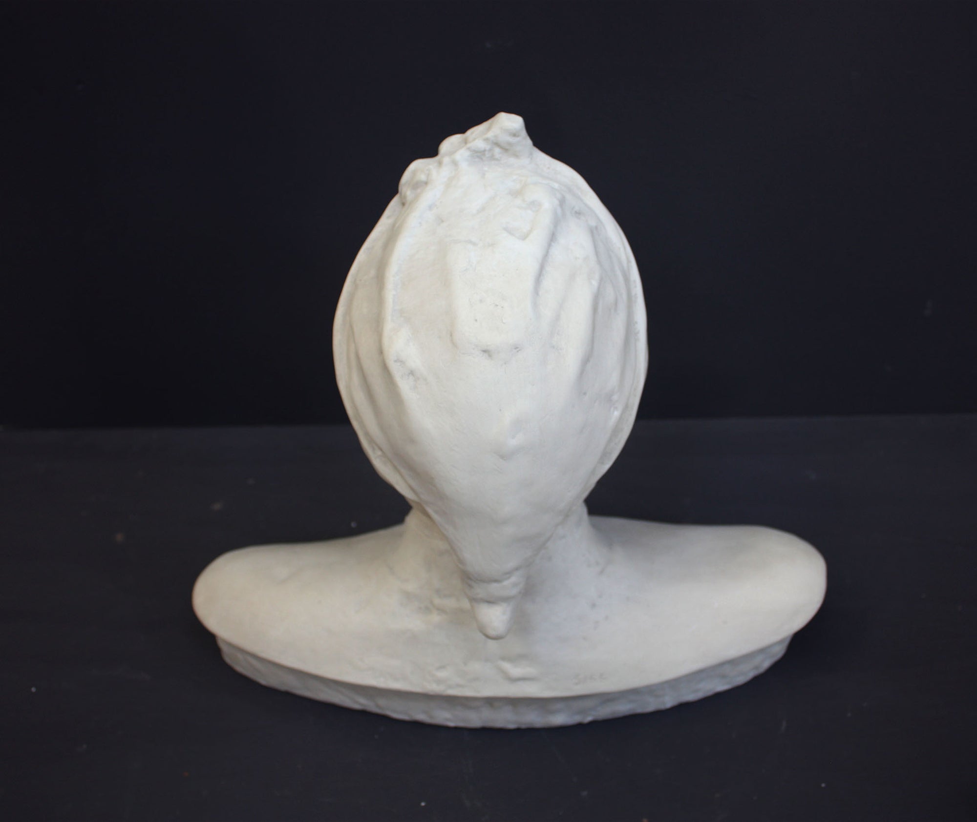 photo of plaster cast bust sculpture of Dante Alighieri with cap and high-necked robe with red book leaning against right side on black background 