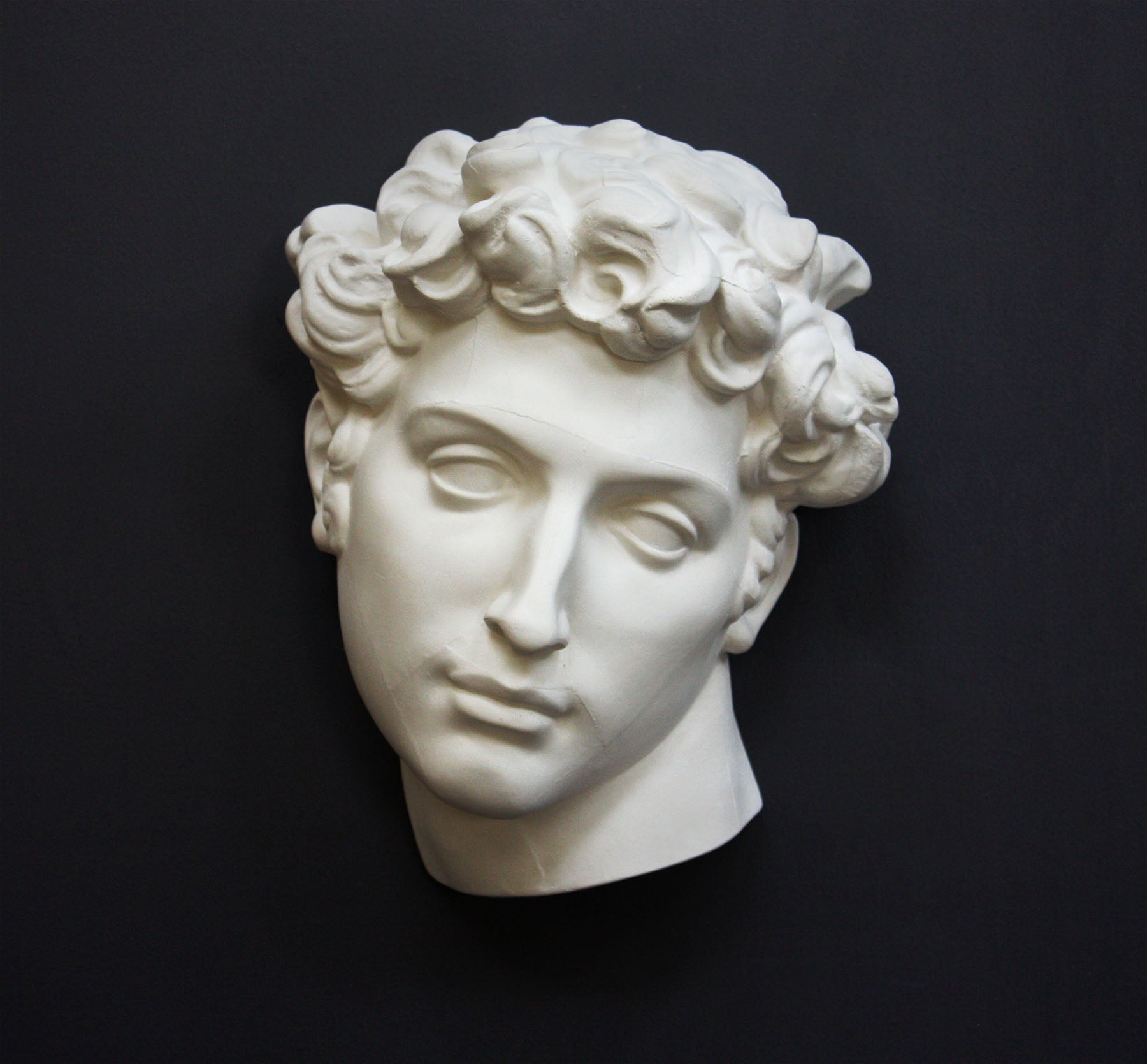  photo of white plaster cast mask of  sculpture of head, namely Giuliano de Medici, on a gray background