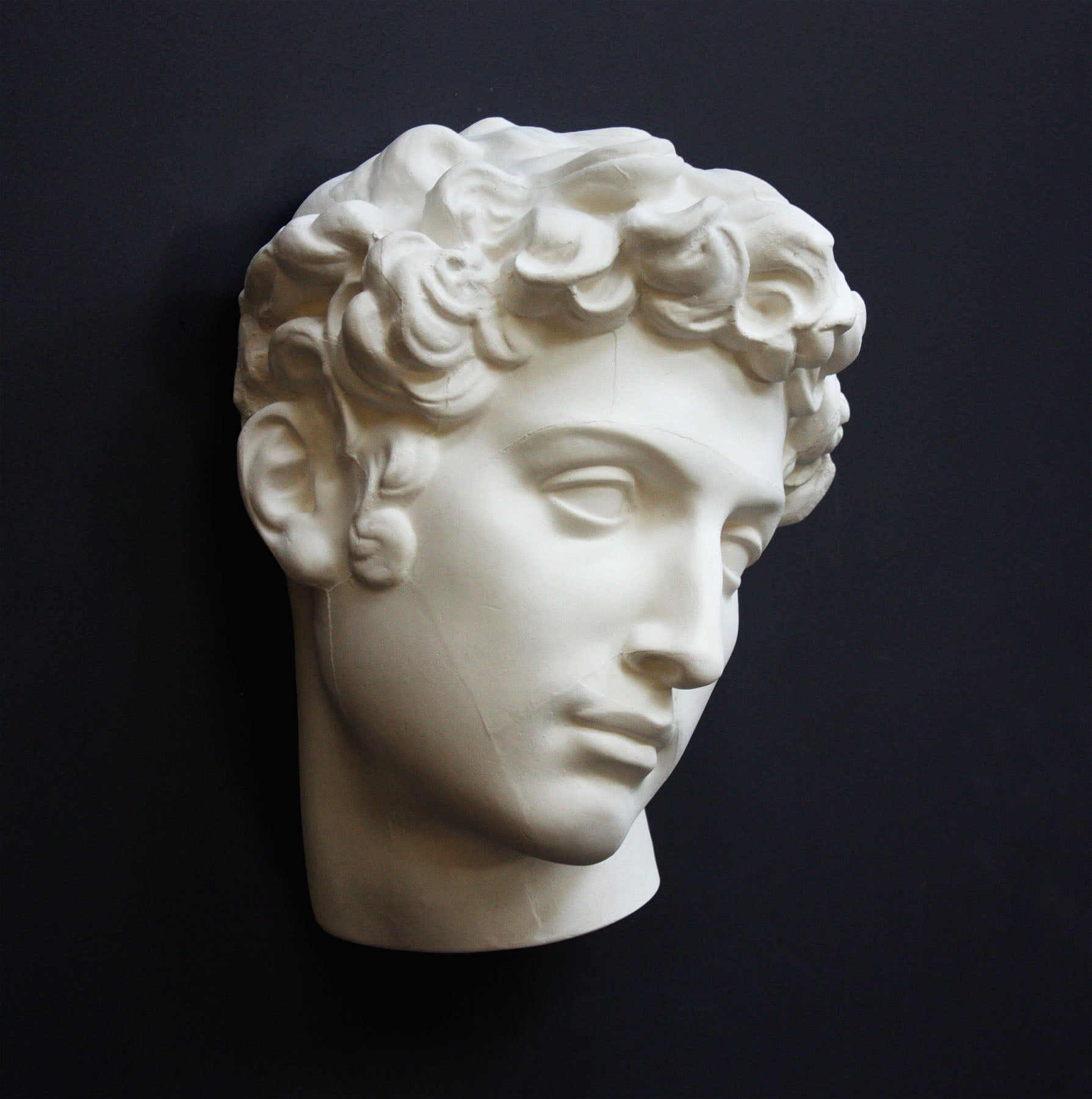  photo of white plaster cast mask of  sculpture of head, namely Giuliano de Medici, on a gray background