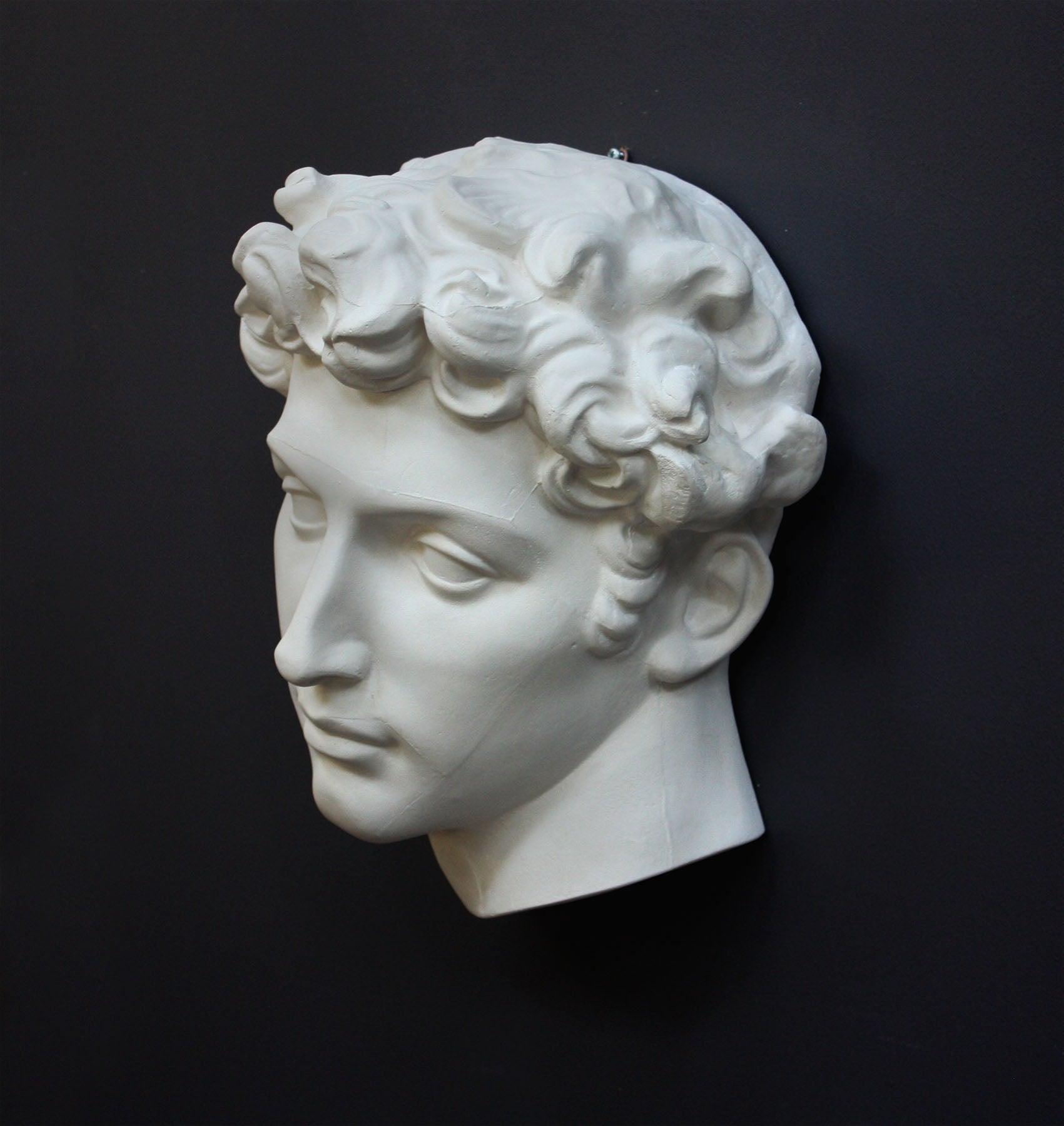  photo of white plaster cast mask of  sculpture of head, namely Giuliano de Medici, on a gray background