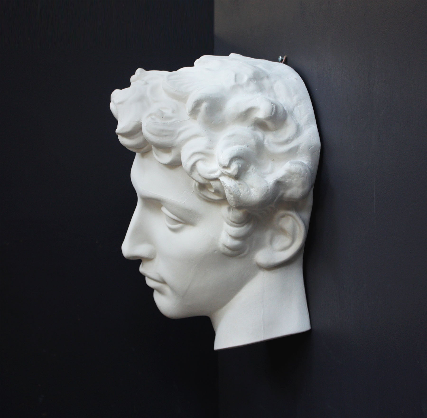 profile photo of white plaster cast mask of  sculpture of head, namely Giuliano de Medici, on a gray background