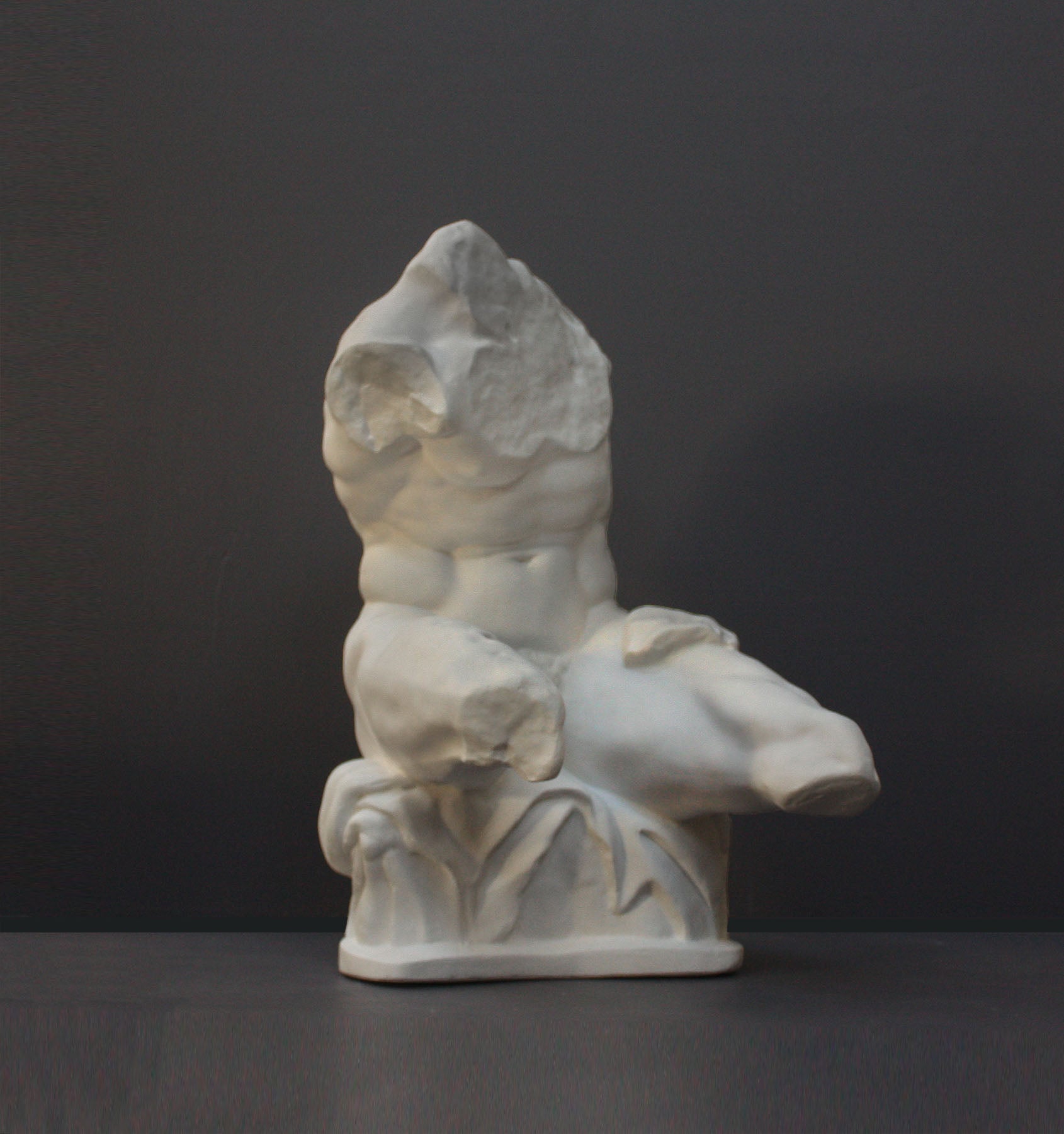image of a plaster statue of a bust of a belvedere torso on a gray background