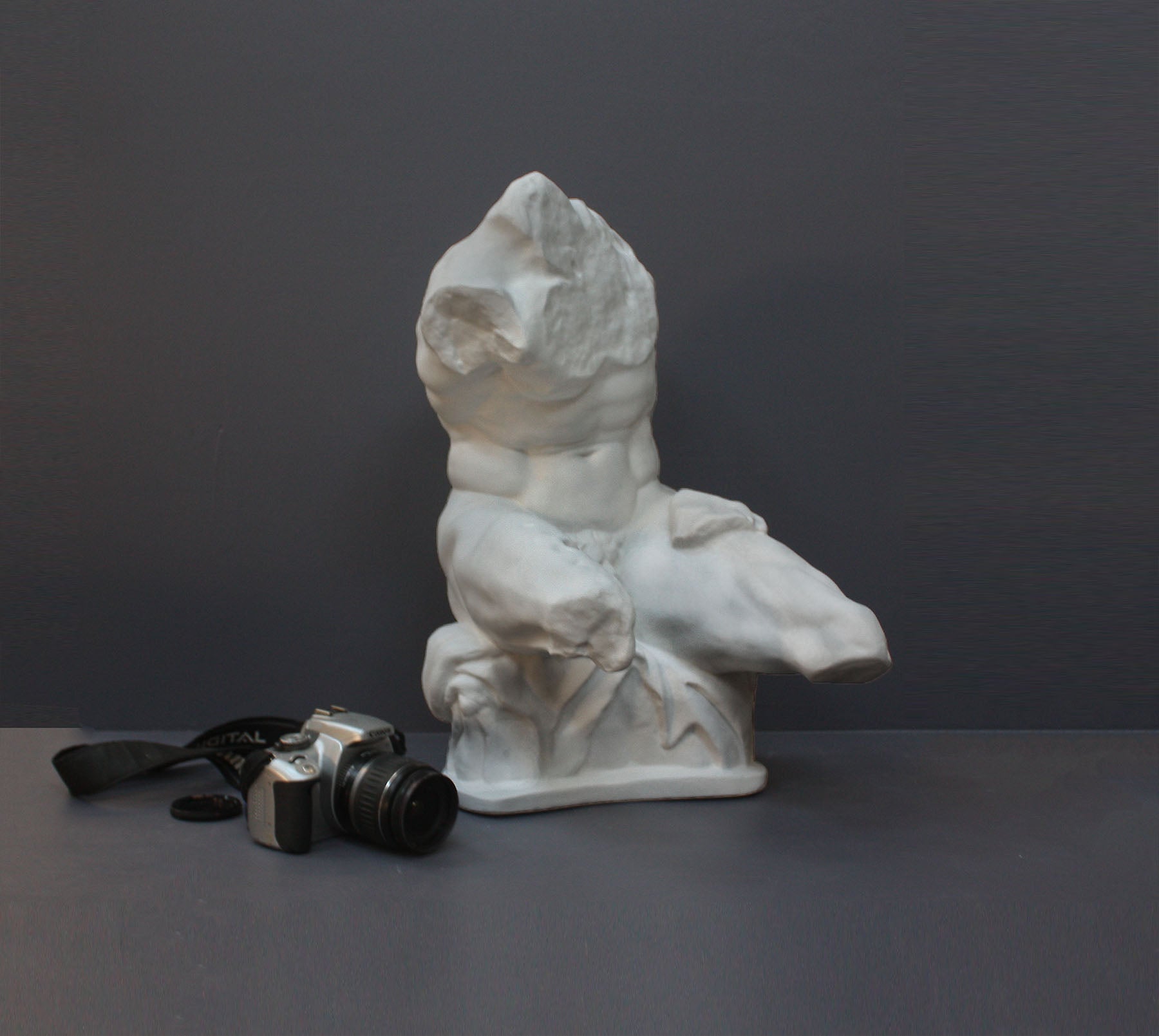 image of a plaster sculpture of nude male torso next to a camera on a gray background
