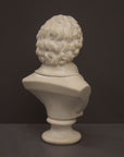 back view image of a plaster sculpture bust of man, namely Mozart, with ruffled necktie and coat on a gray background