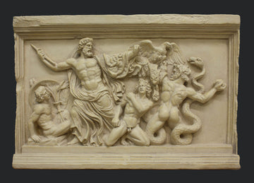 photo of cream-colored plaster cast relief sculpture of the god Zeus and the Giants around him engaged in battle on gray background