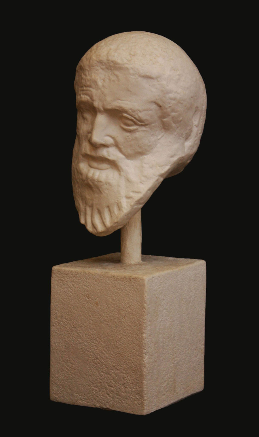 photo with black background of plaster cast of male bust of Zeus attached to a square base with a pole