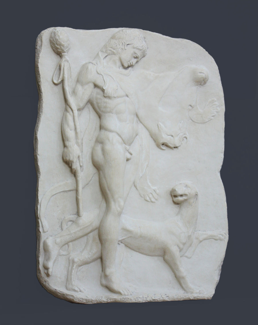 photo of white plaster cast relief sculpture of satyr with animal skin over his arm and staff in one hand walking beside a panther against gray background