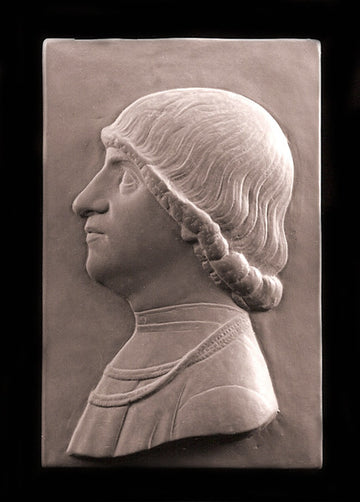 tinted photo of plaster cast relief sculpture of young male in profile with shoulder-length hair on a black background