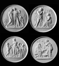black and white photo of four white plaster cast relief sculptures of male and female figures, children, cats, and dogs figuratively depicting the four seasons against black background