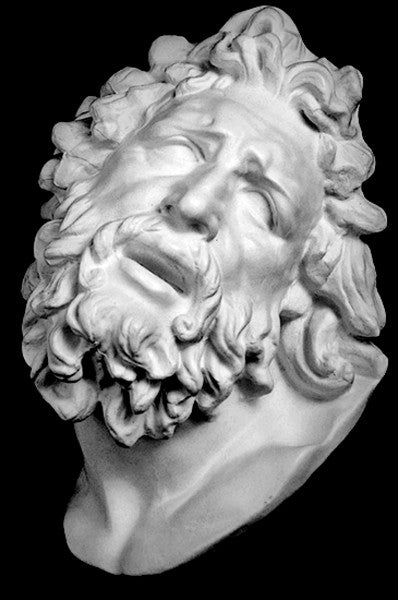 black and white photo with black background of plaster cast sculpture of male head with curly hair and beard, namely Laocoon