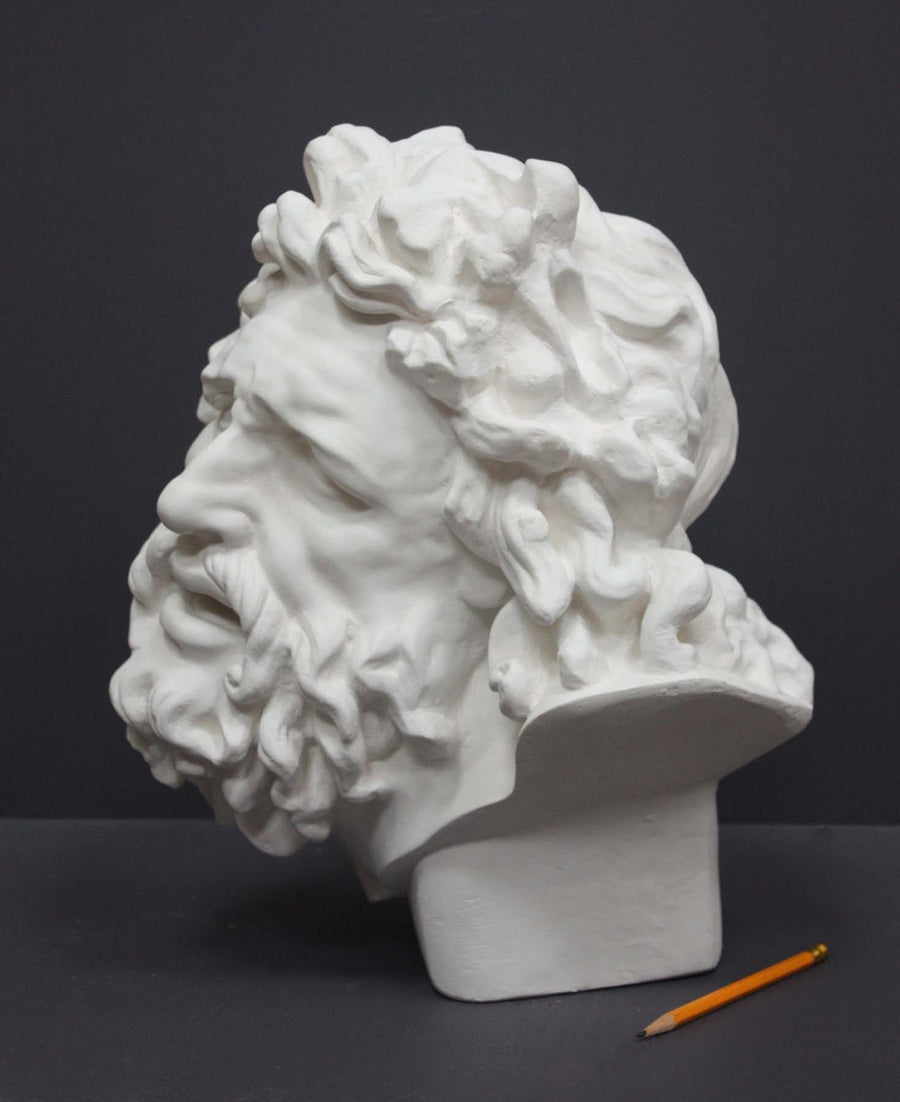photo with gray background of plaster cast sculpture of male head with curly hair and beard, namely Laocoon, and yellow pencil