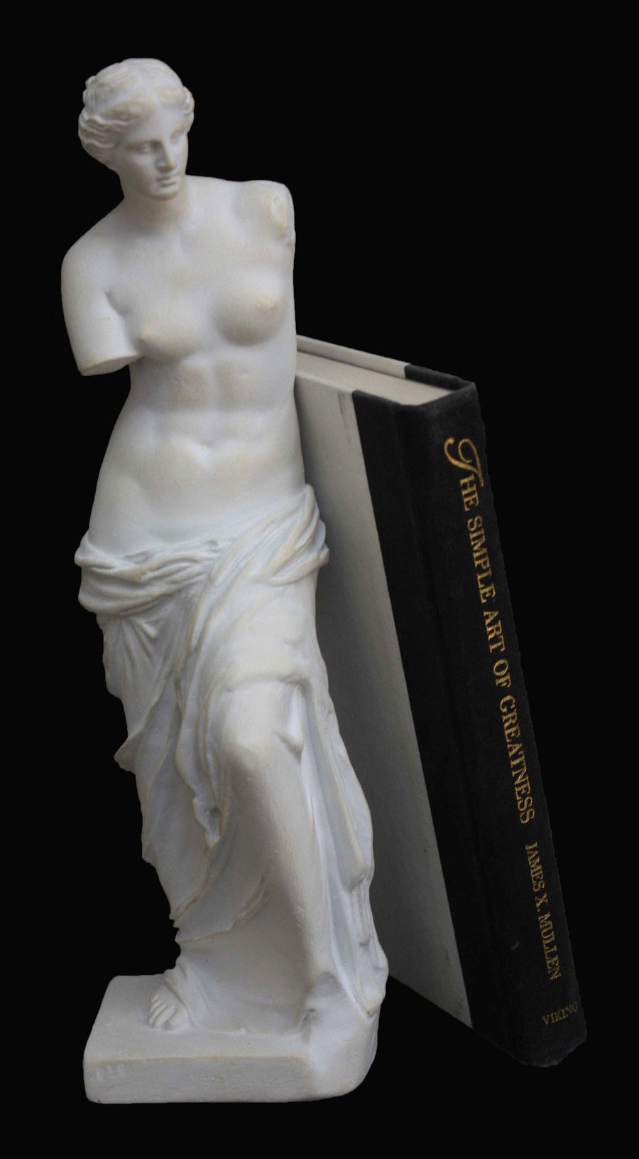 photo with black background of plaster cast sculpture of standing figure of Venus partially nude with a black and white book leaning against it