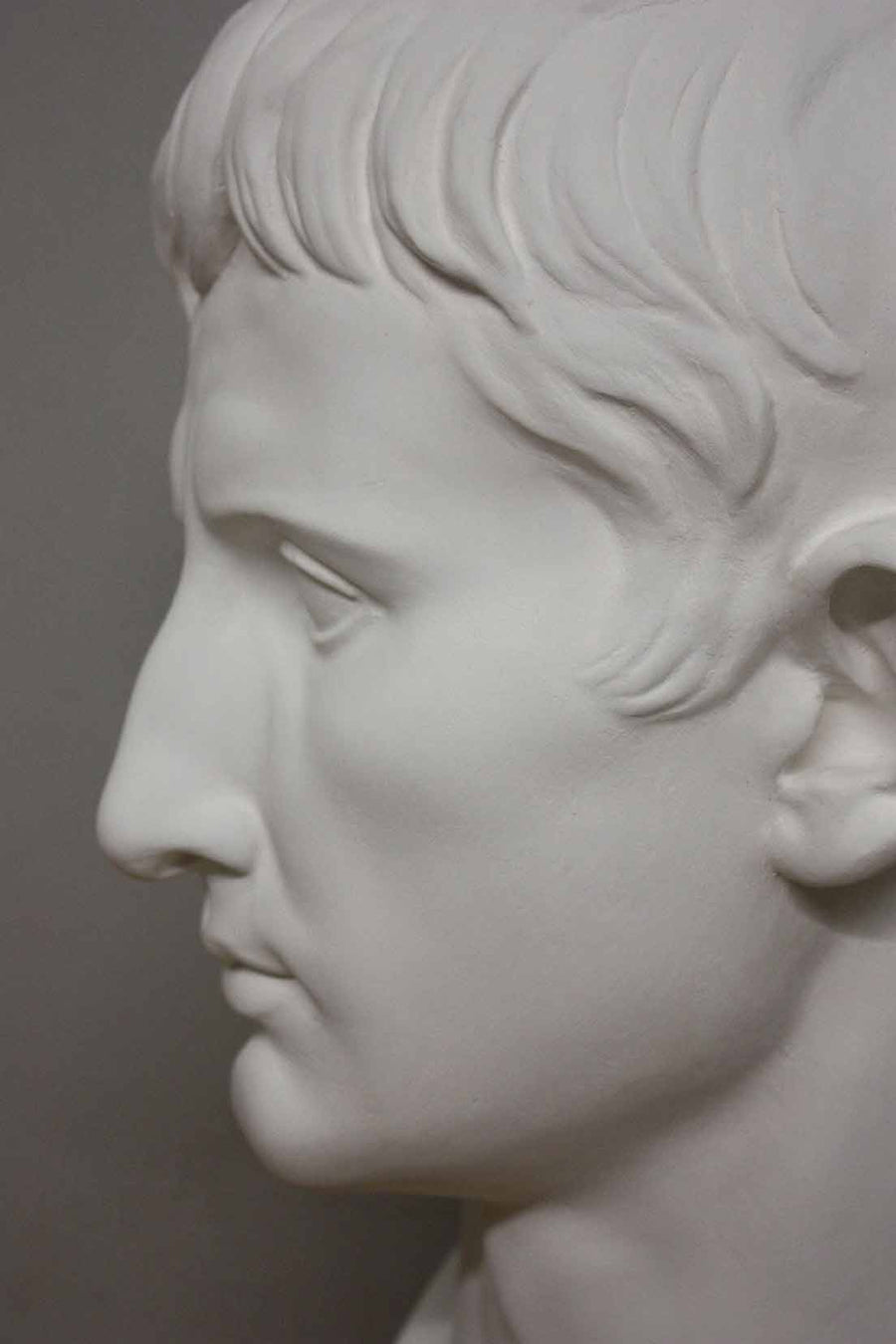 closeup photo of plaster cast bust of man, namely Augustus Caesar, with gray background