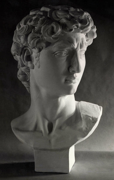 Photo of plaster cast sculpture of head from Michelangelo&#39;s David statue on a gray background