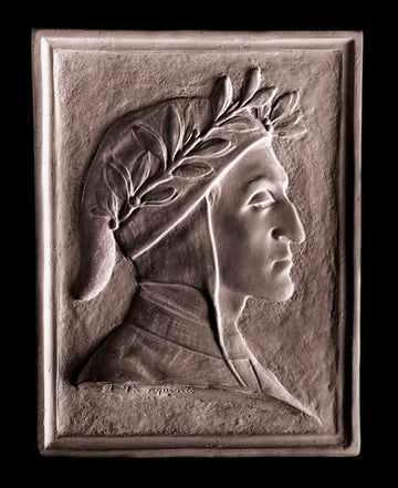 photo of plaster cast of rectangular plaque with male portrait, namely Dante Alighieri, in profile on black background