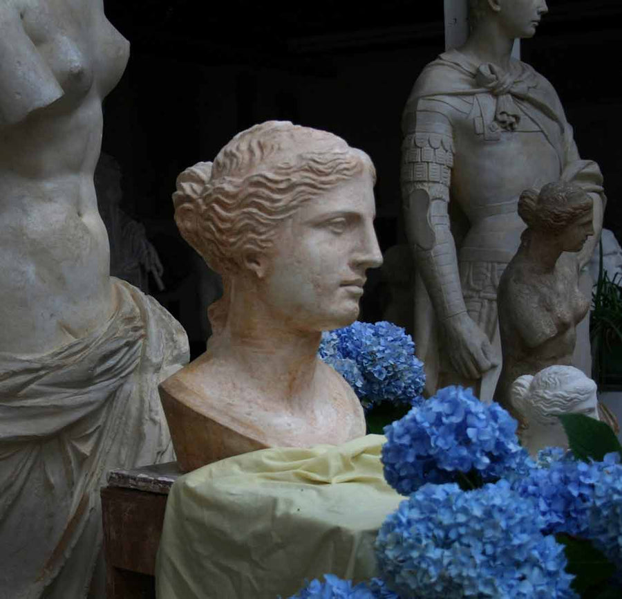 photo with plaster cast bust of woman, namely Venus, on table with yellow sheet and two tall figure casts in background and blue hydrangeas in foreground
