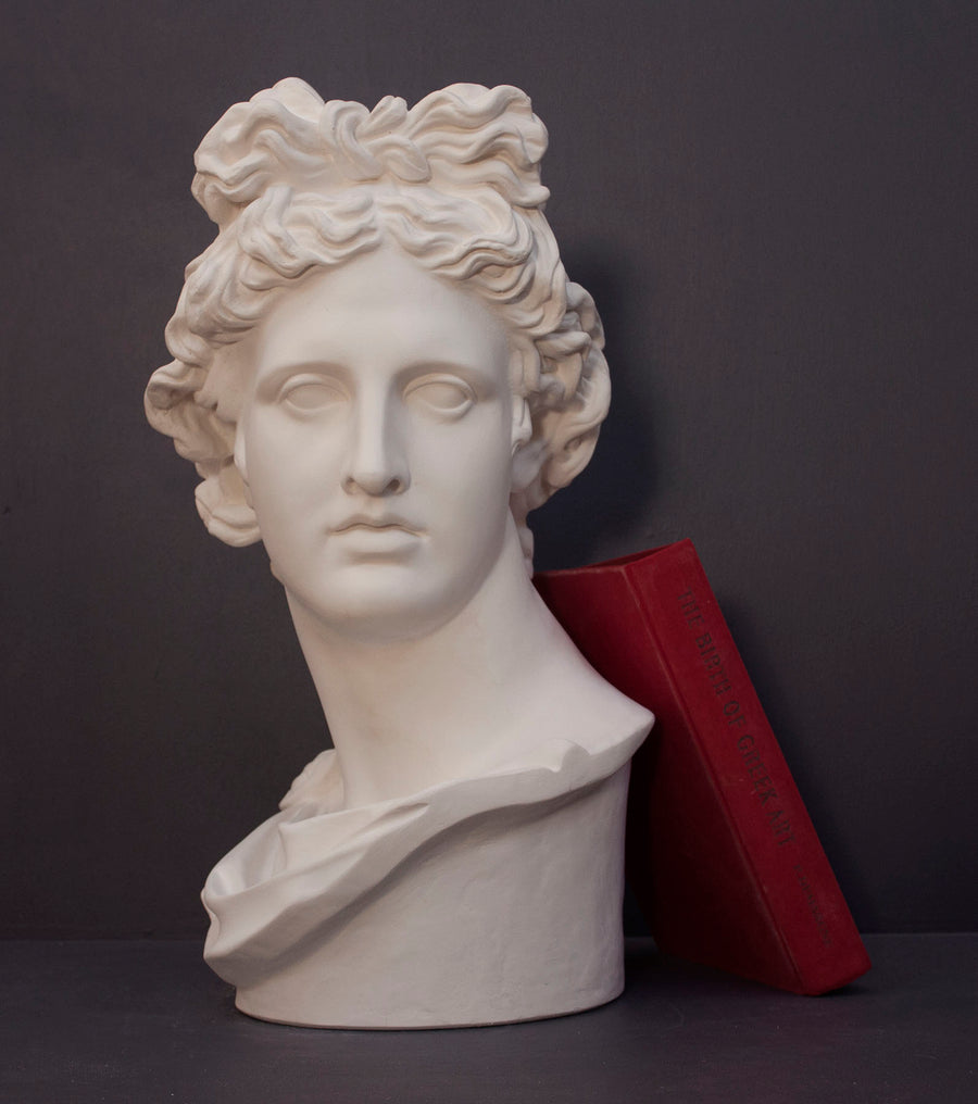 photo of white plaster cast sculpture bust of man, namely the god Apollo, with hair piled high in the front and a broach near his neck holding robes and a red book leaning against it on a gray background