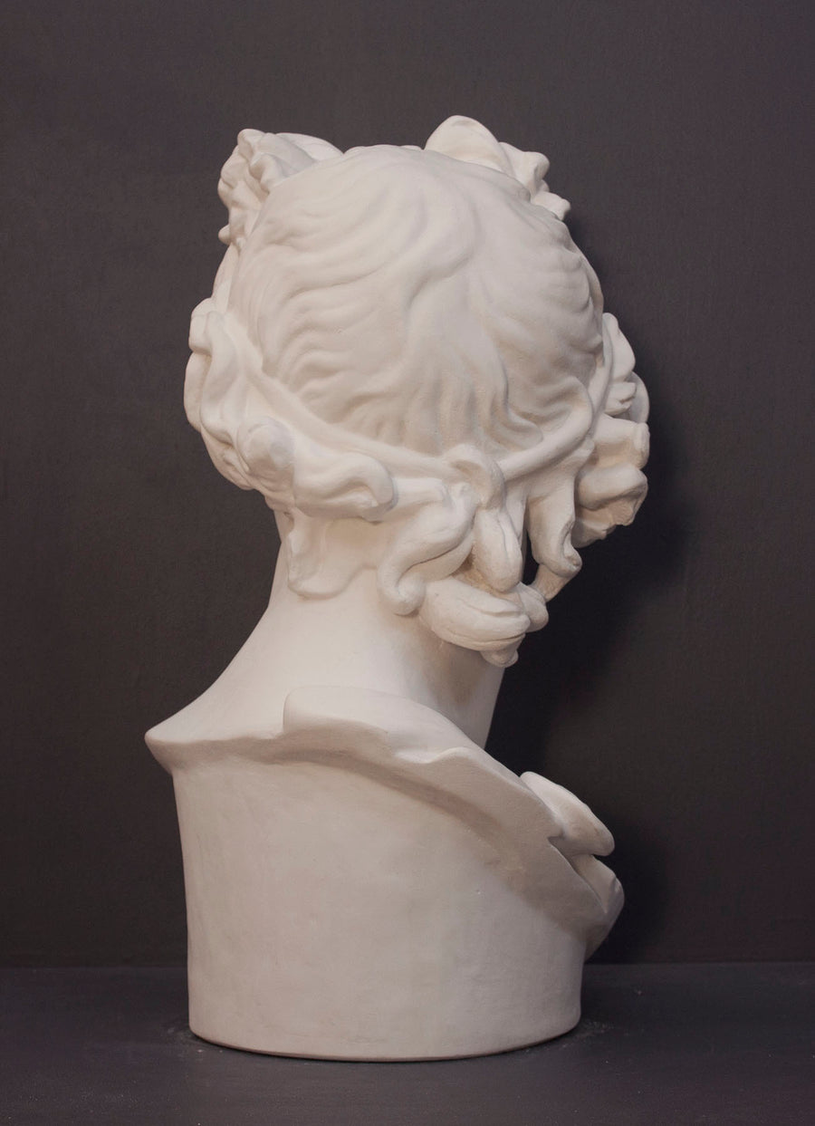 back view photo of white plaster cast sculpture bust of man, namely the god Apollo, with hair piled high in the front and a broach near his neck holding robes on a gray background