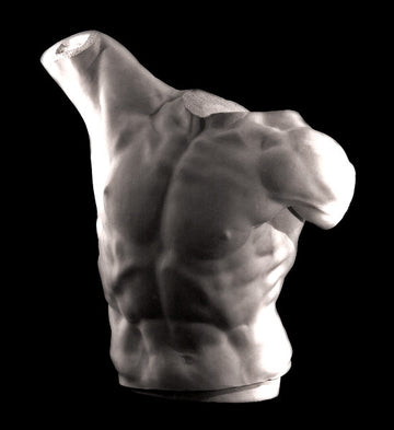 photo with black background of plaster cast sculpture of male torso, namely Laocoon