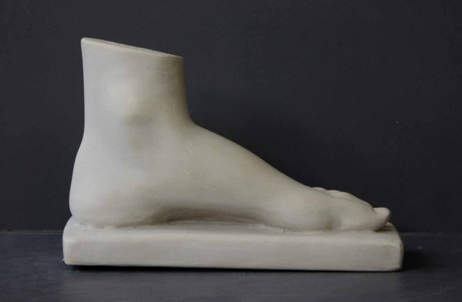 Photo of plaster cast of female left foot with a grey background