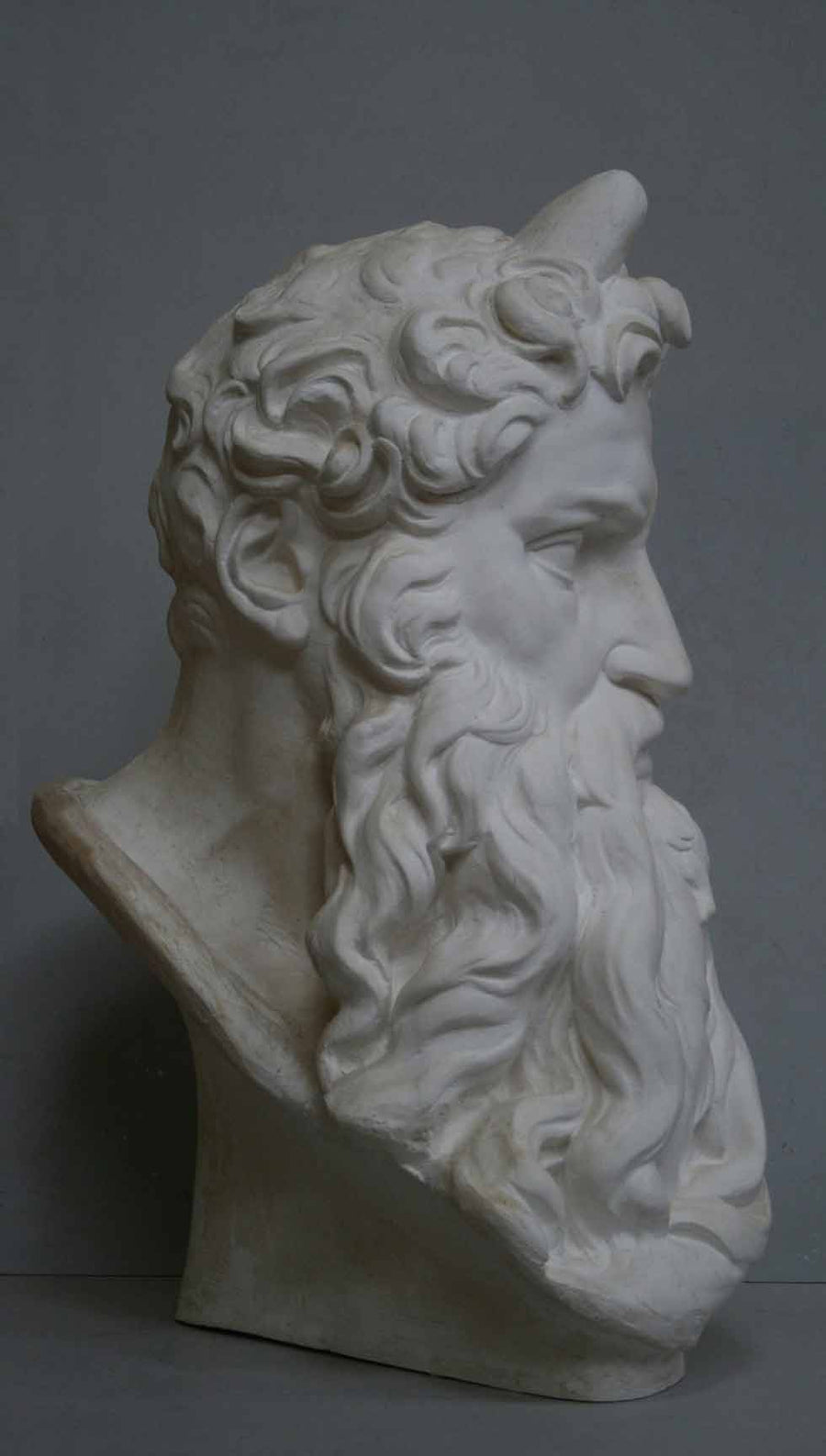 photo of plaster cast bust of man, namely Moses, with curly hair and so-called horns and long beard on gray background