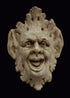 photo with black background of faun face made of leaves with open mouth