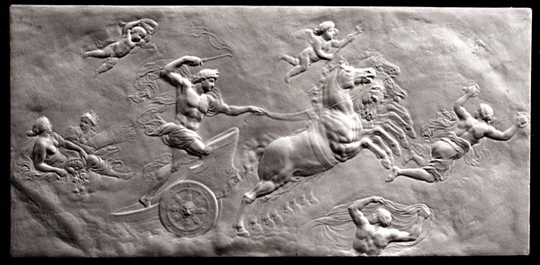 black and white photo of plaster cast relief sculpture of partially nude male figure in horse-drawn chariot flying, and other figures around them