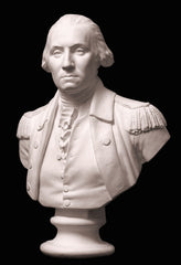 Photo of white plaster cast bust sculpture of male in Revolutionary garb, namely George Washington, on black background