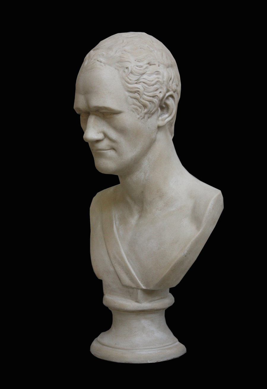 photo with black background of plaster cast bust of Alexander Hamilton