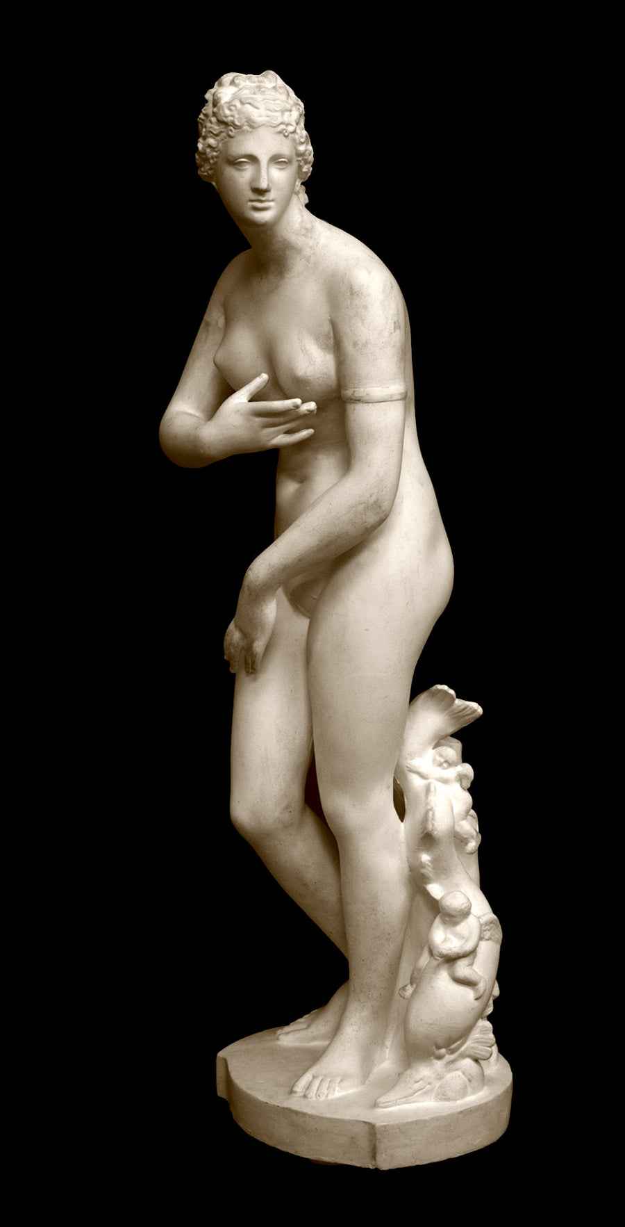 photo of plaster cast sculpture of Venus standing nude with two putti riding a dolphin at her feet