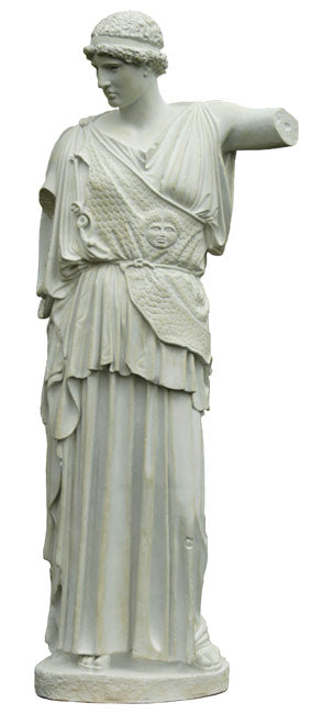 photo with white background of plaster cast of female figure, the goddess Athena, with robes and short, curly hair and headband