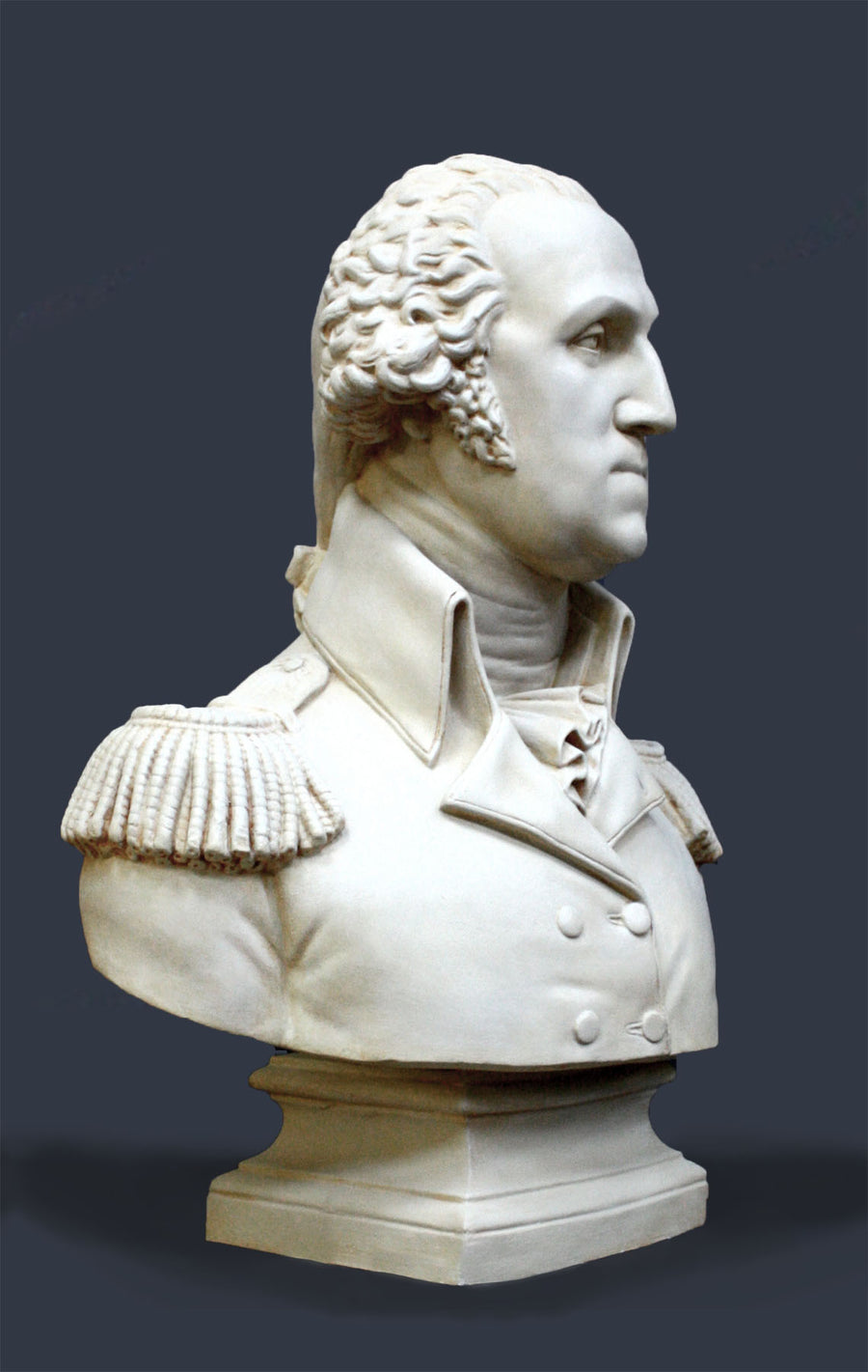 photo of plaster cast sculpture bust of George Washington in uniform on dark gray background