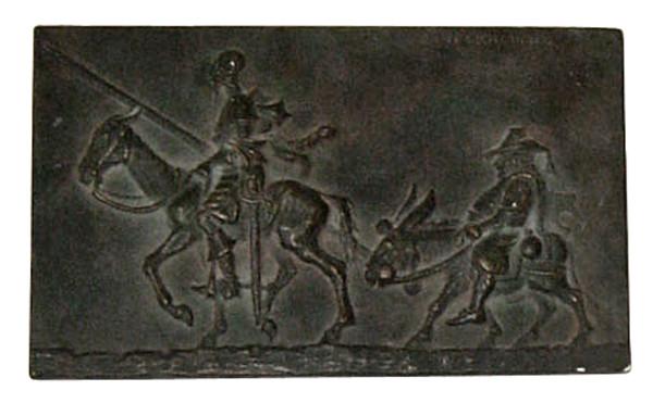 photo of bronzed plaster cast relief sculpture of two men riding horse and donkey all in profile