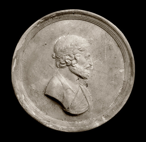 Ariosto - Item #247 Photo of a white plaster cast of a medallion with a profile of a man wearing a wrath on his head, on a black background