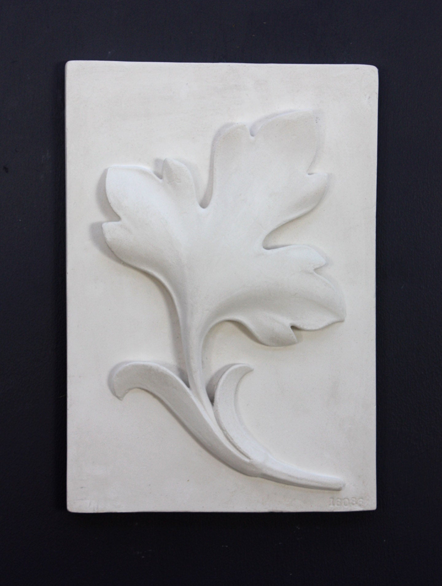 Photo of a plaster cast of a rectangle slab with a study of an acanthus leaf poited upward on the front, on a black background