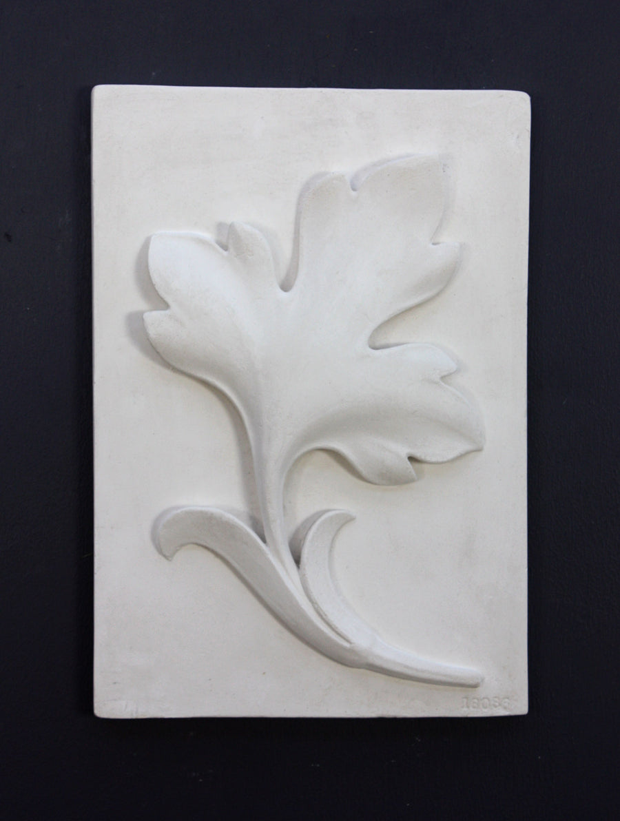 Photo of a plaster cast of a rectangle slab with a study of an acanthus leaf poited upward on the front, on a black background