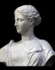 photo of plaster cast of ancient female bust, namely the goddess Diana, with a black background