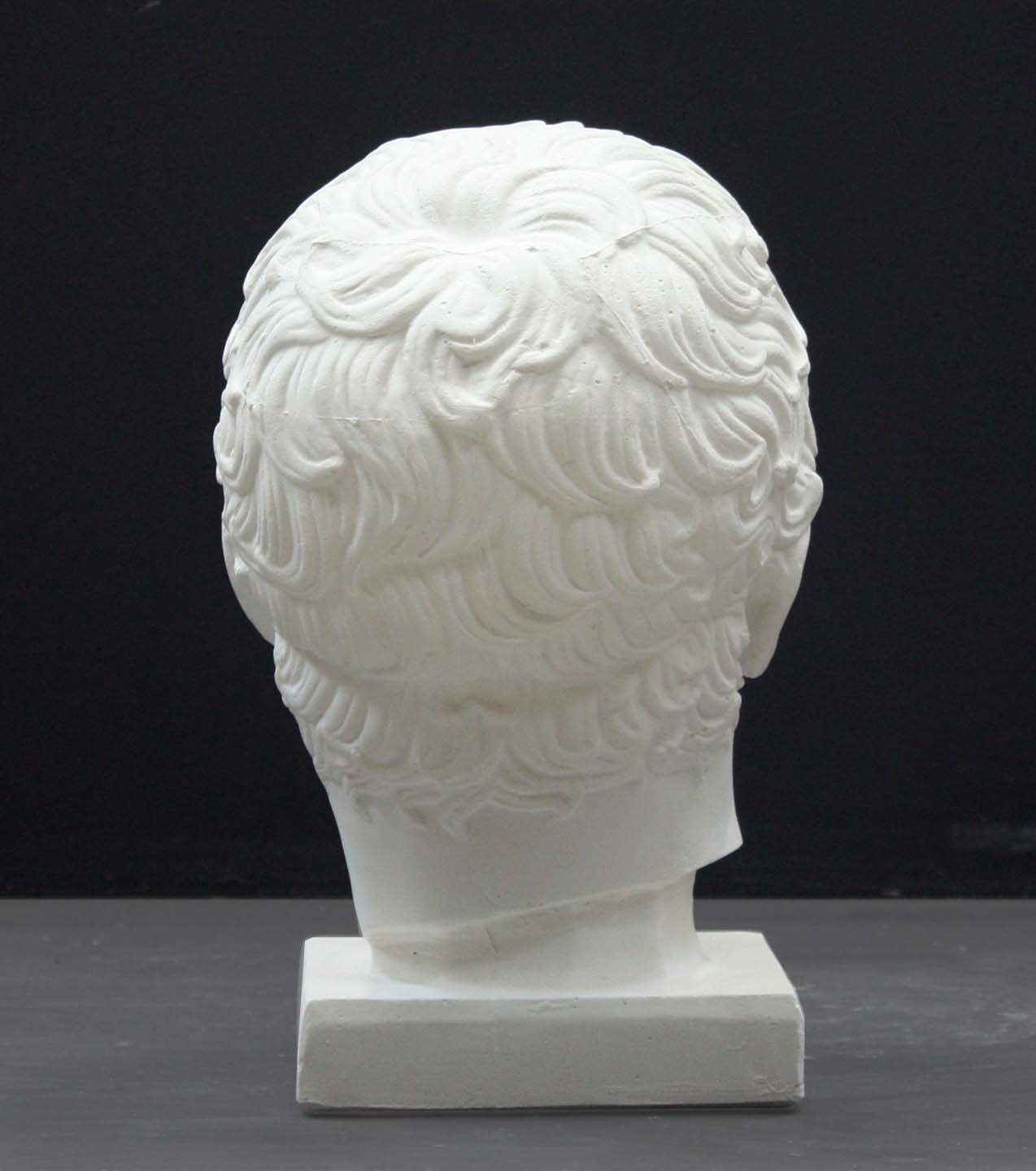 photo of plaster cast of sculpture of male head with flat, curly hair on dark gray background